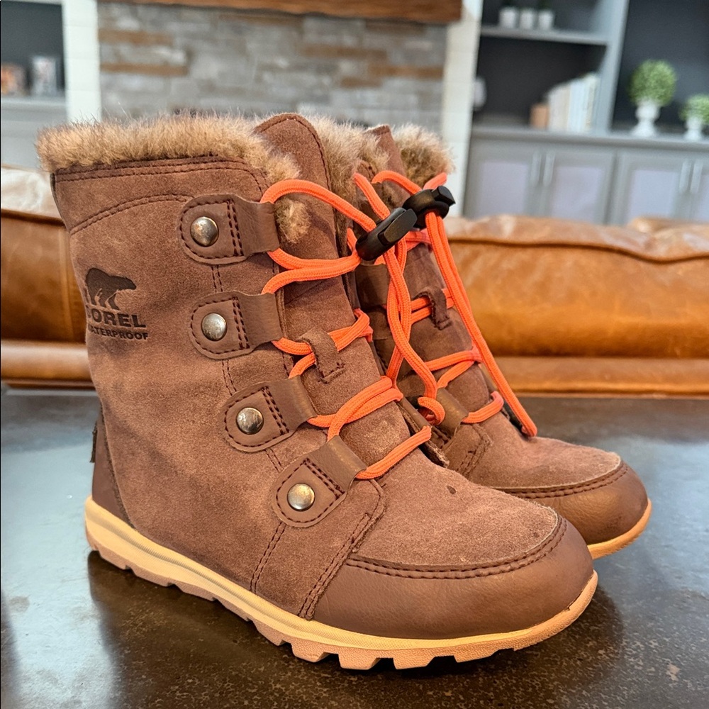 Sorel Kids Brown Boots with Orange Laces